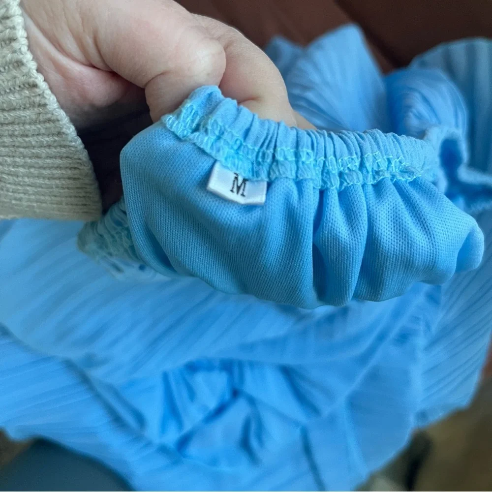 OFF THE SHOULDER TIERED PLEATED MIDI CHIFFON DRESS IN LIGHT BLUE SIZE MEDIUM - Picture 16 of 16